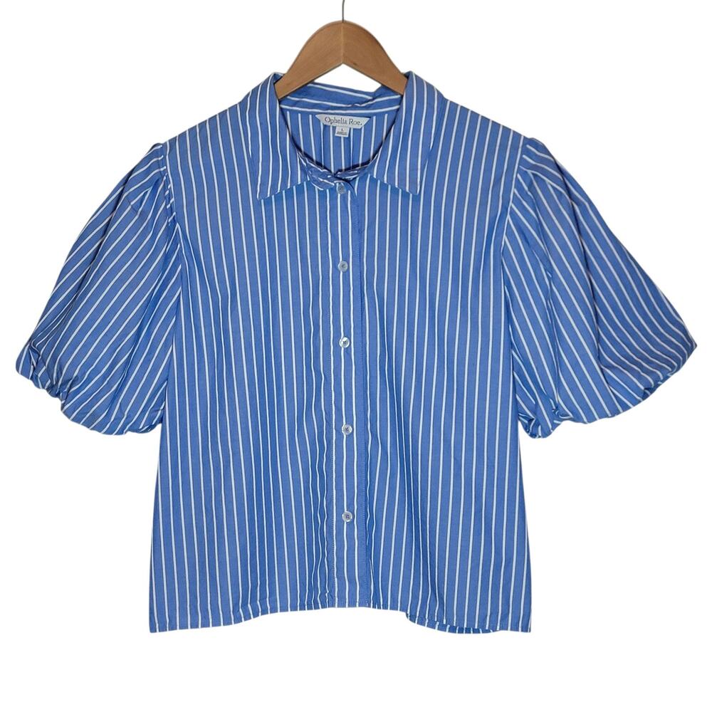 Ophelia Roe Striped Blue White Balloon Sleeve Button Front Cotton Shirt Blouse L - Picture 4 of 8